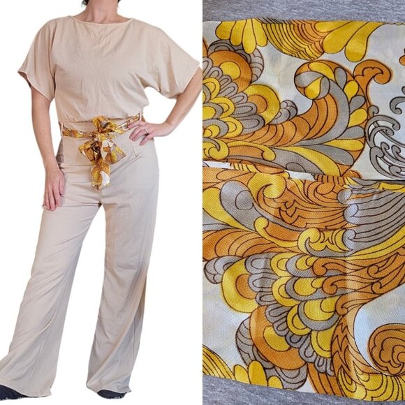 70s Inspired Womens Jumpsuit Sz 10 12 Cream Wide Leg Belted Keyhole Back Stretch - Picture 11 of 11